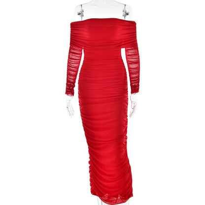 Off shoulder long sleeve slit mesh ruched maxi dress  | Festival Outfits Women