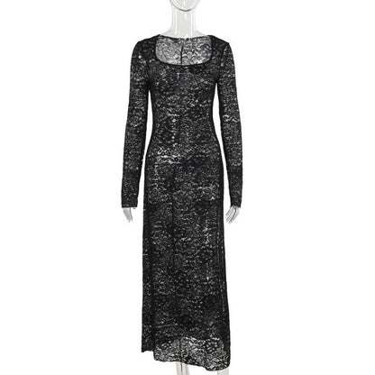 Long sleeve u neck lace slit maxi dress  | Festival Outfits Women