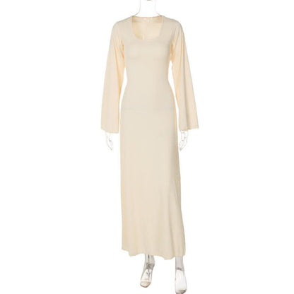 Long sleeve u neck ribbed solid maxi dress  | Festival Outfits Women