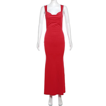 Cowl neck bowknot backless solid cami maxi dress  | Festival Outfits Women