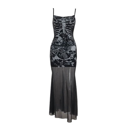 U neck skull print mesh backless cami maxi dress  | Festival Outfits Women