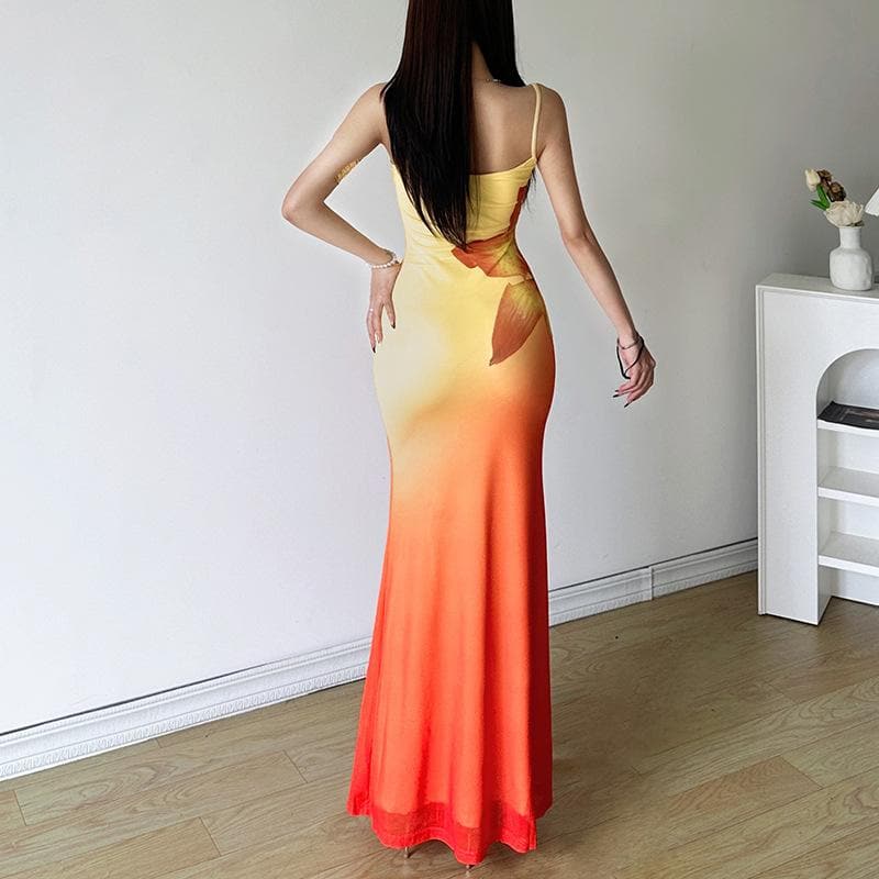 U neck gradient flower print cami maxi dress  | Festival Outfits Women