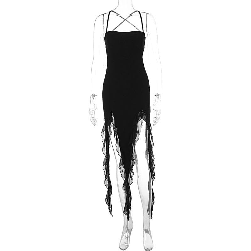 Ruffle cross back solid lace up cami maxi dress  | Festival Outfits Women