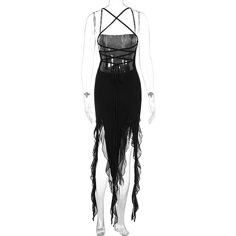 Ruffle cross back solid lace up cami maxi dress  | Festival Outfits Women
