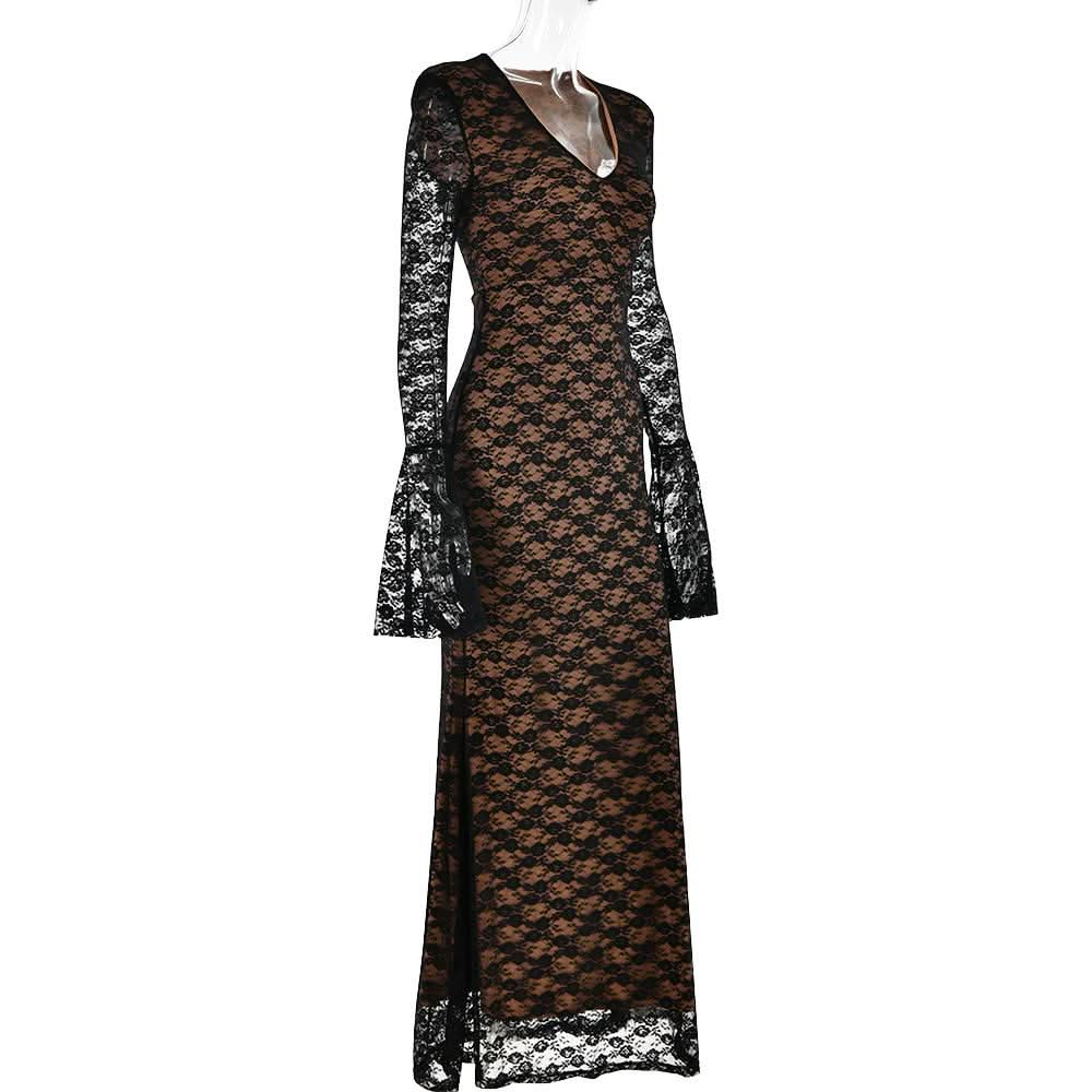 Long flared sleeve lace v neck patchwork maxi dress  | Festival Outfits Women