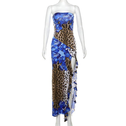 Leopard print contrast ruffle high slit tube maxi dress  | Festival Outfits Women