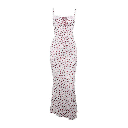 Bowknot ribbon stitch flower print polka dot cami maxi dress  | Festival Outfits Women