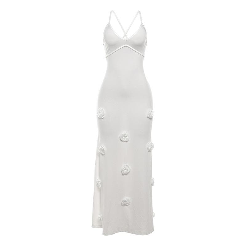 V neck flower applique cross back cami maxi dress  | Festival Outfits Women
