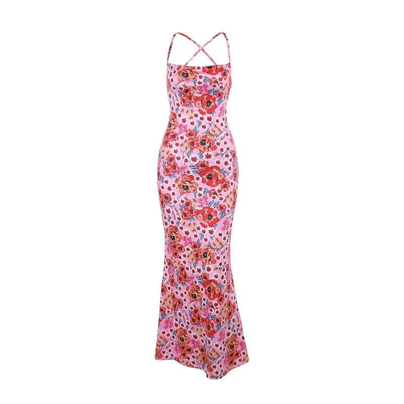 Cross back self tie flower print cami maxi dress  | Festival Outfits Women