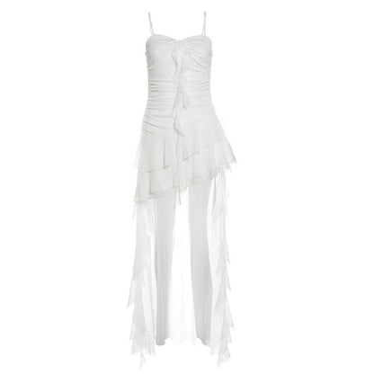 Ruched mesh ruffle sweetheart neck cami maxi dress  | Festival Outfits Women