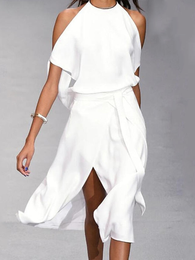 A Line Dress Midi Dress White Black Gray Sleeveless Pure Color Split Spring Summer cold shoulder Personalized Stylish Elegant Loose  S M L XL XXL for Women
