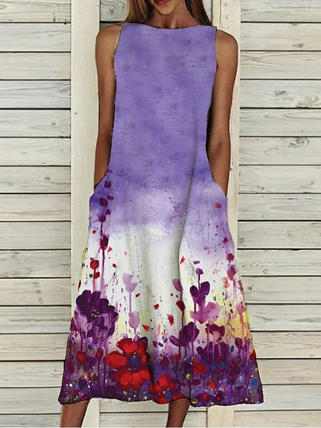A Line Dress Midi Dress Sleeveless Floral Pocket Cold Shoulder Print Spring Summer Round Neck Casual Vintage Going out  S M L XL XXL Cotton for Women