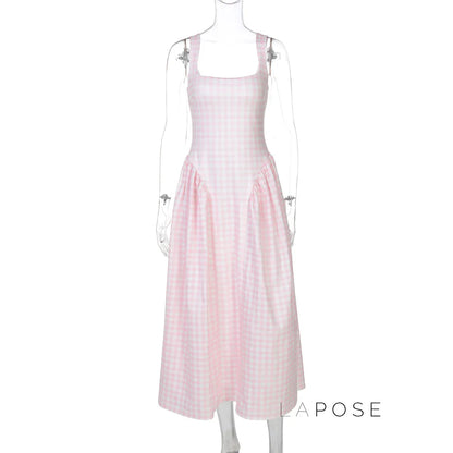 Adalae Plaid Backless Midi Dress