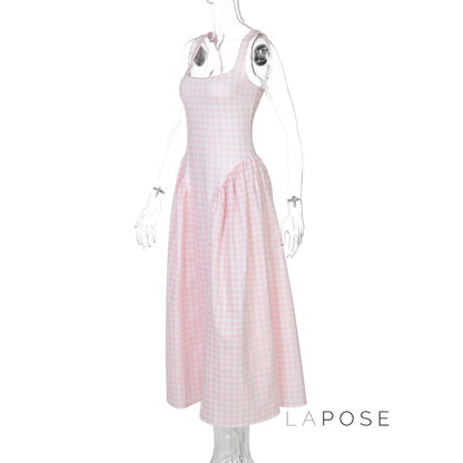 Adalae Plaid Backless Midi Dress