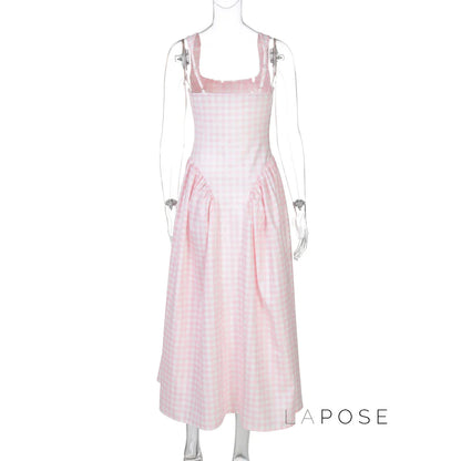 Adalae Plaid Backless Midi Dress