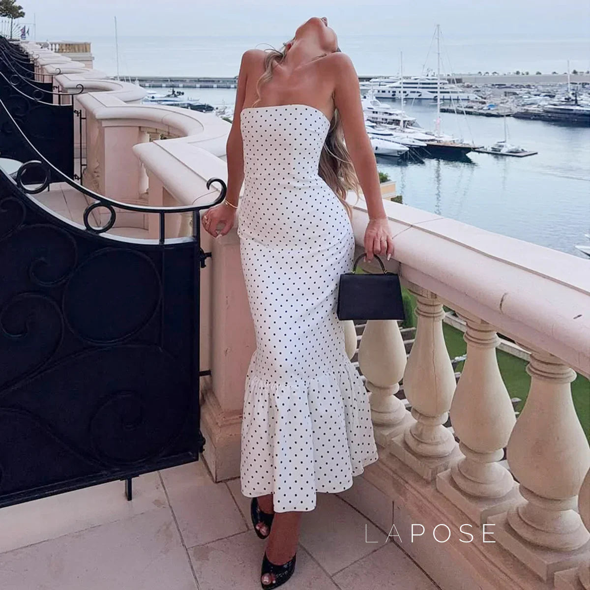 Azaria Polka Dot Strapless Midi Dress