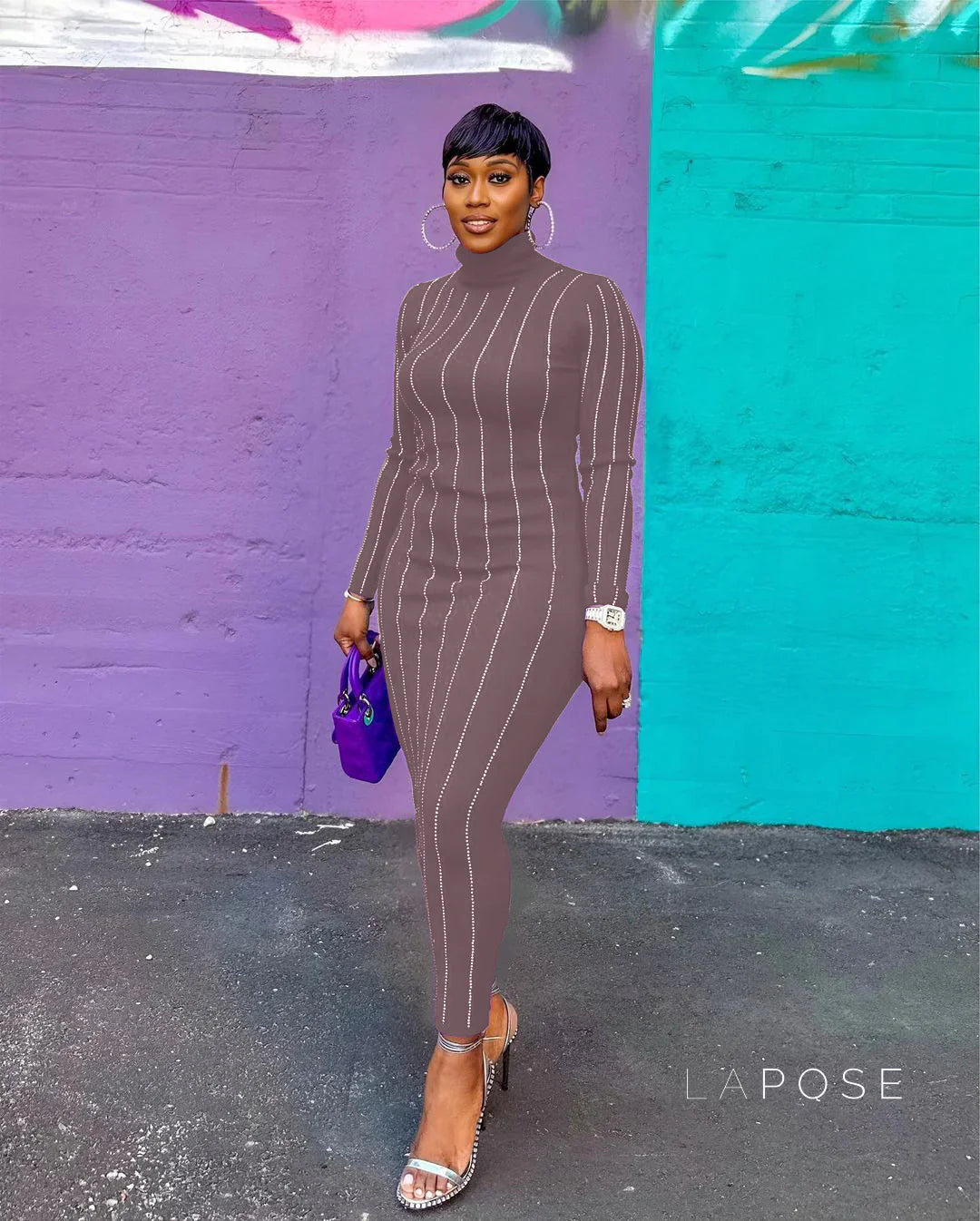Joslynn High Neck Rhinestone Midi Dress