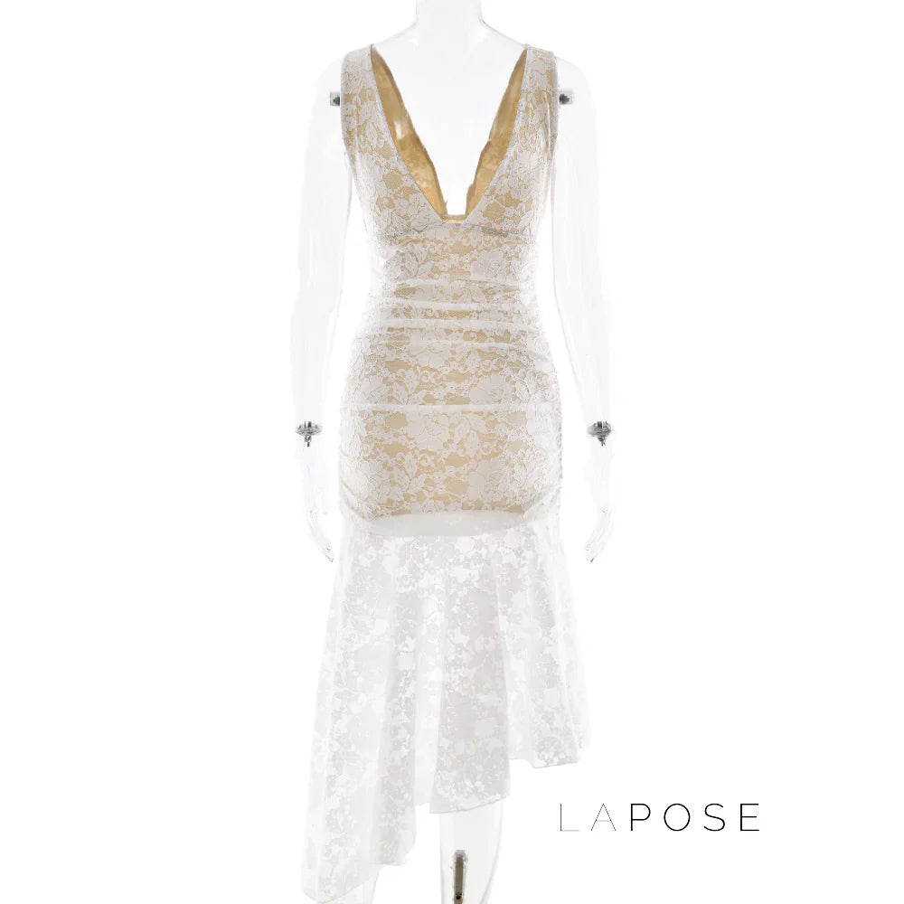 Kaliah Lace Ruched Asymmetric Dress