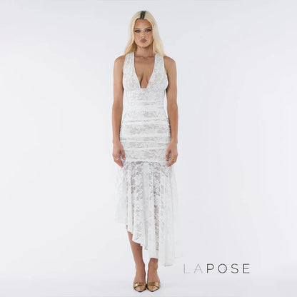 Kaliah Lace Ruched Asymmetric Dress