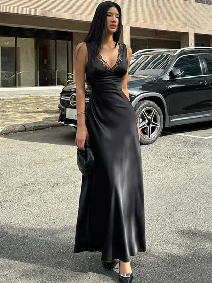 Satin Lace Spliced Maxi Dress