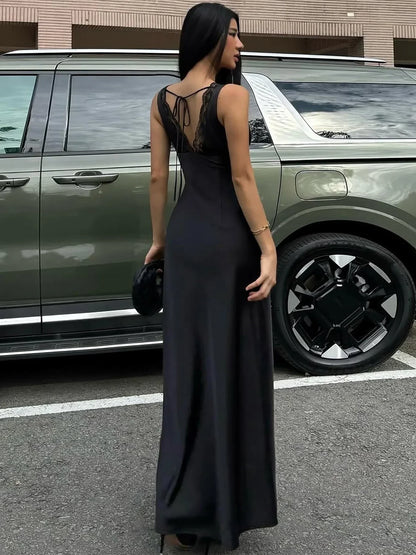 Satin Lace Spliced Maxi Dress