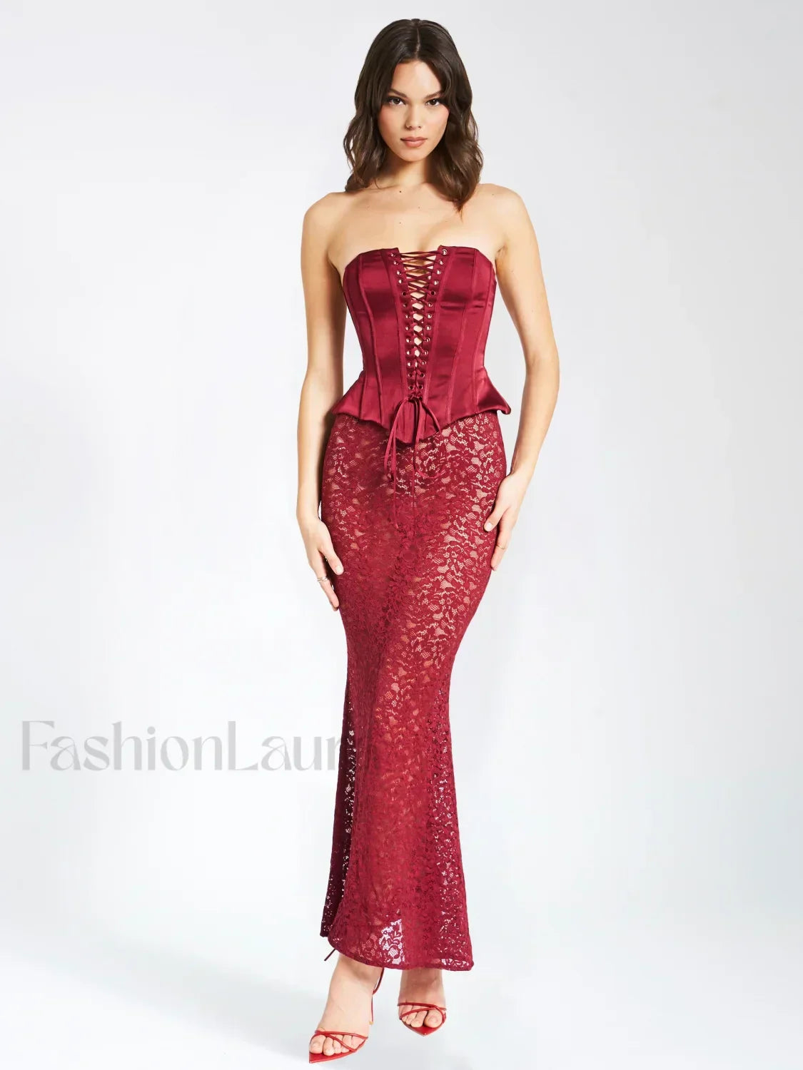 Lucinda Burgundy Satin Charming Lace Corset Maxi Dress