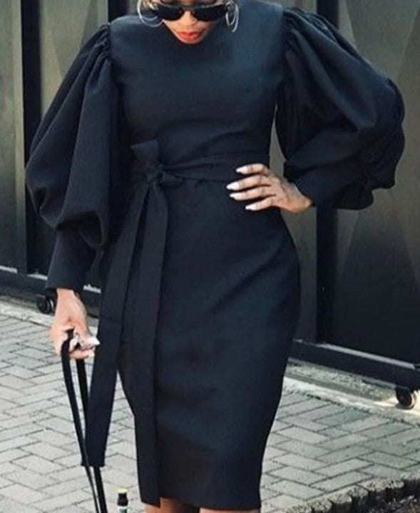 Women Casual Slim Round Neck Bubble Sleeve Tie Midi Dress