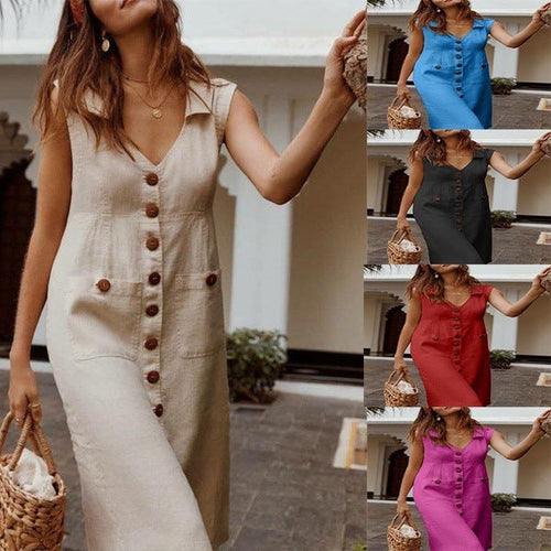 Casual Women V Collar Single-Breasted Button Pocket Sleeveless Midi Dress