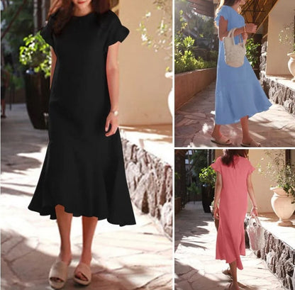 Women Casual Summer Short Sleeve Round Neck Solid Color Ruffled Fishtail Midi Dress