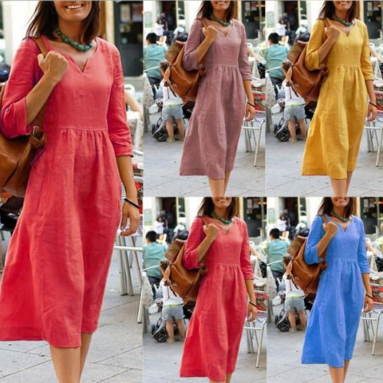 Plus Size Women Summer Cotton Linen V-Neck Casual Midi Dress