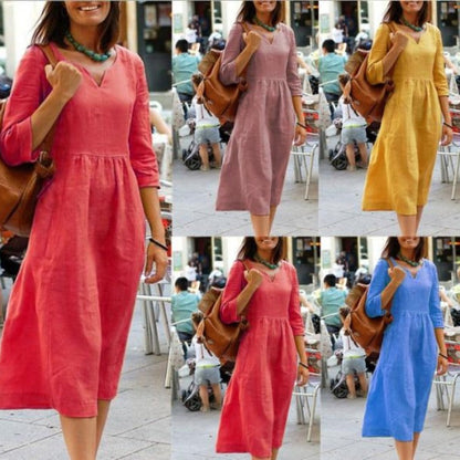 Plus Size Women Summer Cotton Linen V-Neck Casual Midi Dress