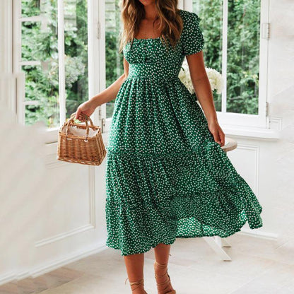 Women Fashion Vacation Casual Square Neck Short Sleeve Defined Waist Floral Midi Dress