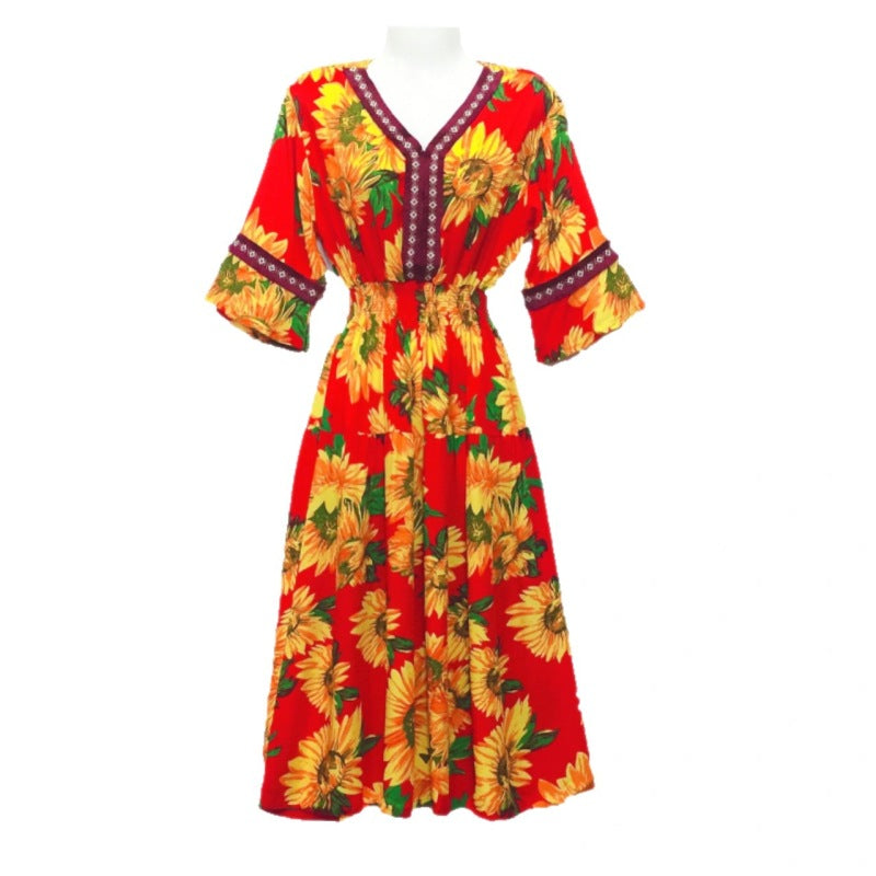 Summer Loose Casual Women Printed V-Neck Trumpet Sleeve Midi Dress