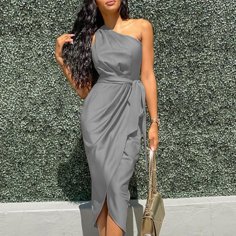 Women Solid Color Satin One Shoulder Waist Tie Irregular Casual Midi Dress