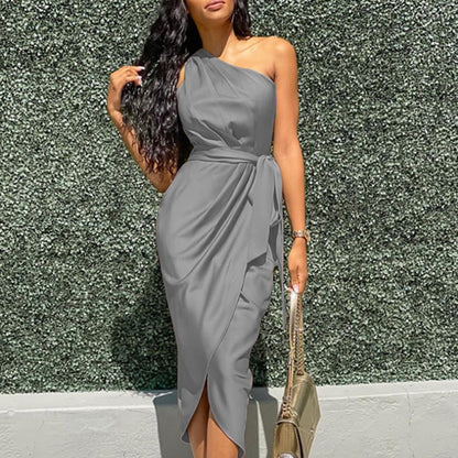 Women Solid Color Satin One Shoulder Waist Tie Irregular Casual Midi Dress