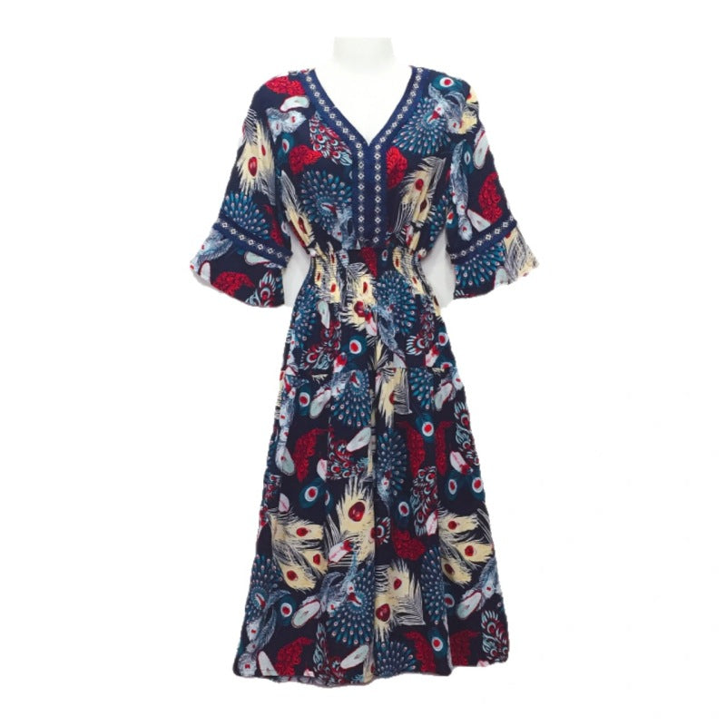 Summer Loose Casual Women Printed V-Neck Trumpet Sleeve Midi Dress