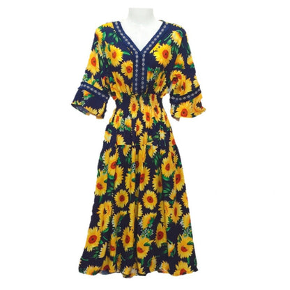 Summer Loose Casual Women Printed V-Neck Trumpet Sleeve Midi Dress
