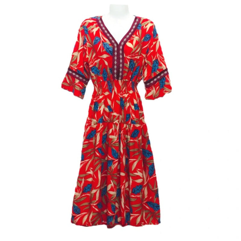 Summer Loose Casual Women Printed V-Neck Trumpet Sleeve Midi Dress