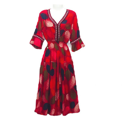 Summer Loose Casual Women Printed V-Neck Trumpet Sleeve Midi Dress