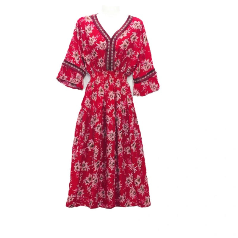 Summer Loose Casual Women Printed V-Neck Trumpet Sleeve Midi Dress