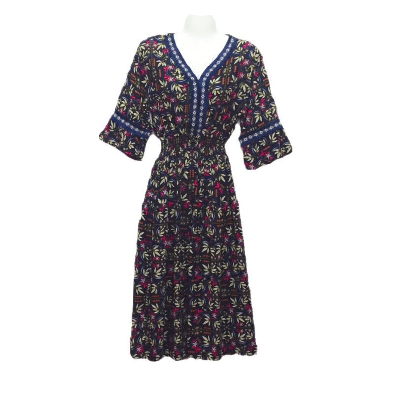 Summer Loose Casual Women Printed V-Neck Trumpet Sleeve Midi Dress