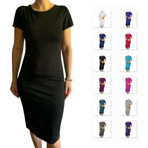 Women Casual Basic Solid Color Short Sleeve Midi Dress