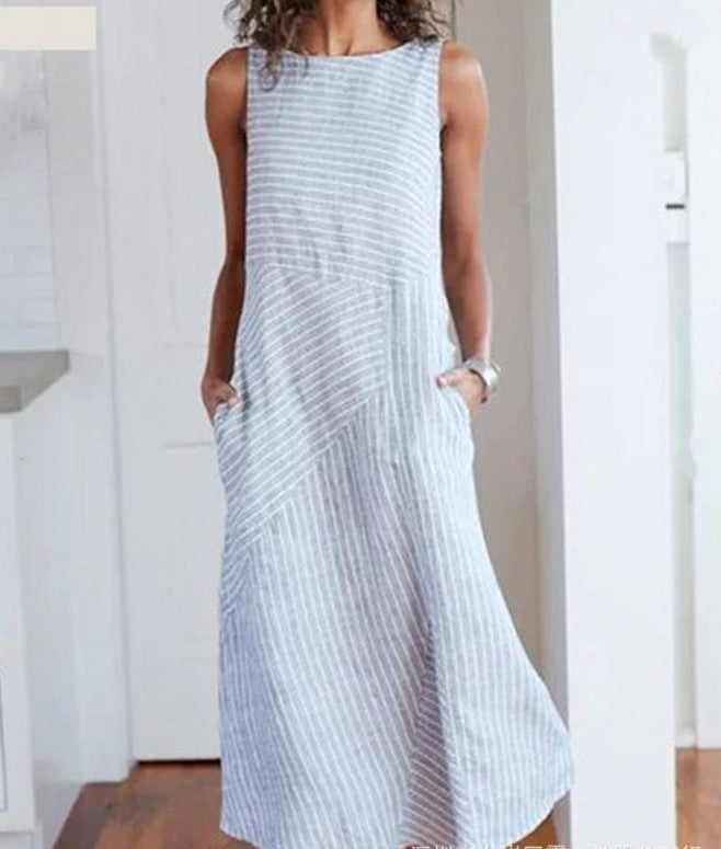 Women'S Plus Size Fashion Casual Stripe Sleeveless Plus Size Midi Dress