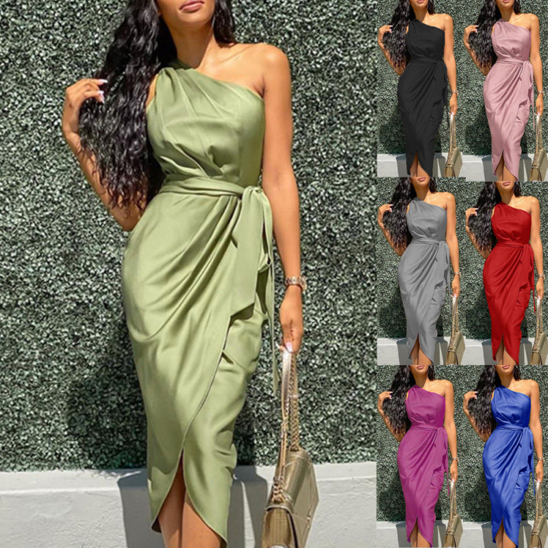 Women Solid Color Satin One Shoulder Waist Tie Irregular Casual Midi Dress