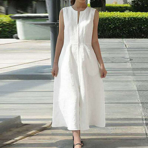 Women Fashion Casual V-Neck Cotton Linen Hem Slit Sleeveless Midi Dress