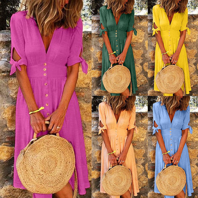 Women Casual Vacation Solid Color V-Neck Knotted Half-Sleeved Midi Dress