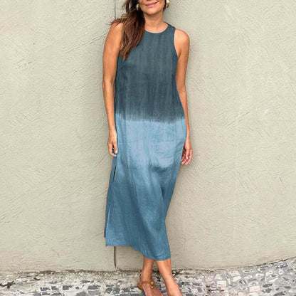 Women Summer Casual Cotton Linen Sleeveless Side Slit Gradient Color Midi Dress