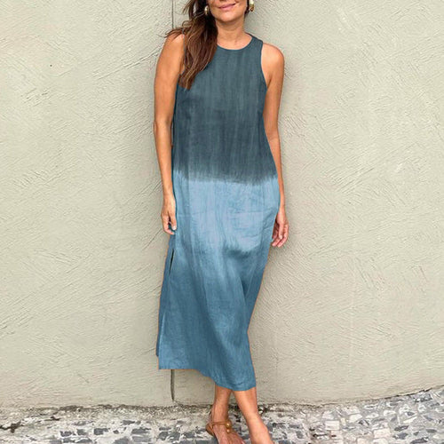 Women Summer Casual Cotton Linen Sleeveless Side Slit Gradient Color Midi Dress