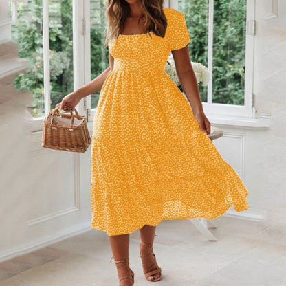 Women Fashion Vacation Casual Square Neck Short Sleeve Defined Waist Floral Midi Dress