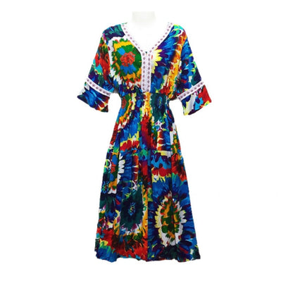 Summer Loose Casual Women Printed V-Neck Trumpet Sleeve Midi Dress